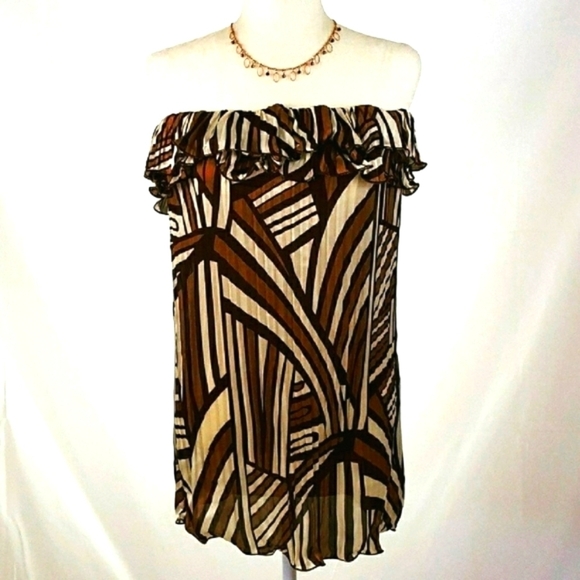 DeCo Brown and Gold Strapless Ruffle Neckline Dress - Picture 2 of 6